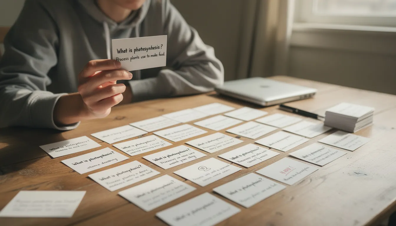 A person is studying for the Australian citizenship test by using flashcards spread out on a table, with each card displaying a simple question and answer format related to Australian values and history. The study session emphasizes preparation for the citizenship practice test, helping the individual become confident in answering questions about Australia's democratic beliefs and identity.