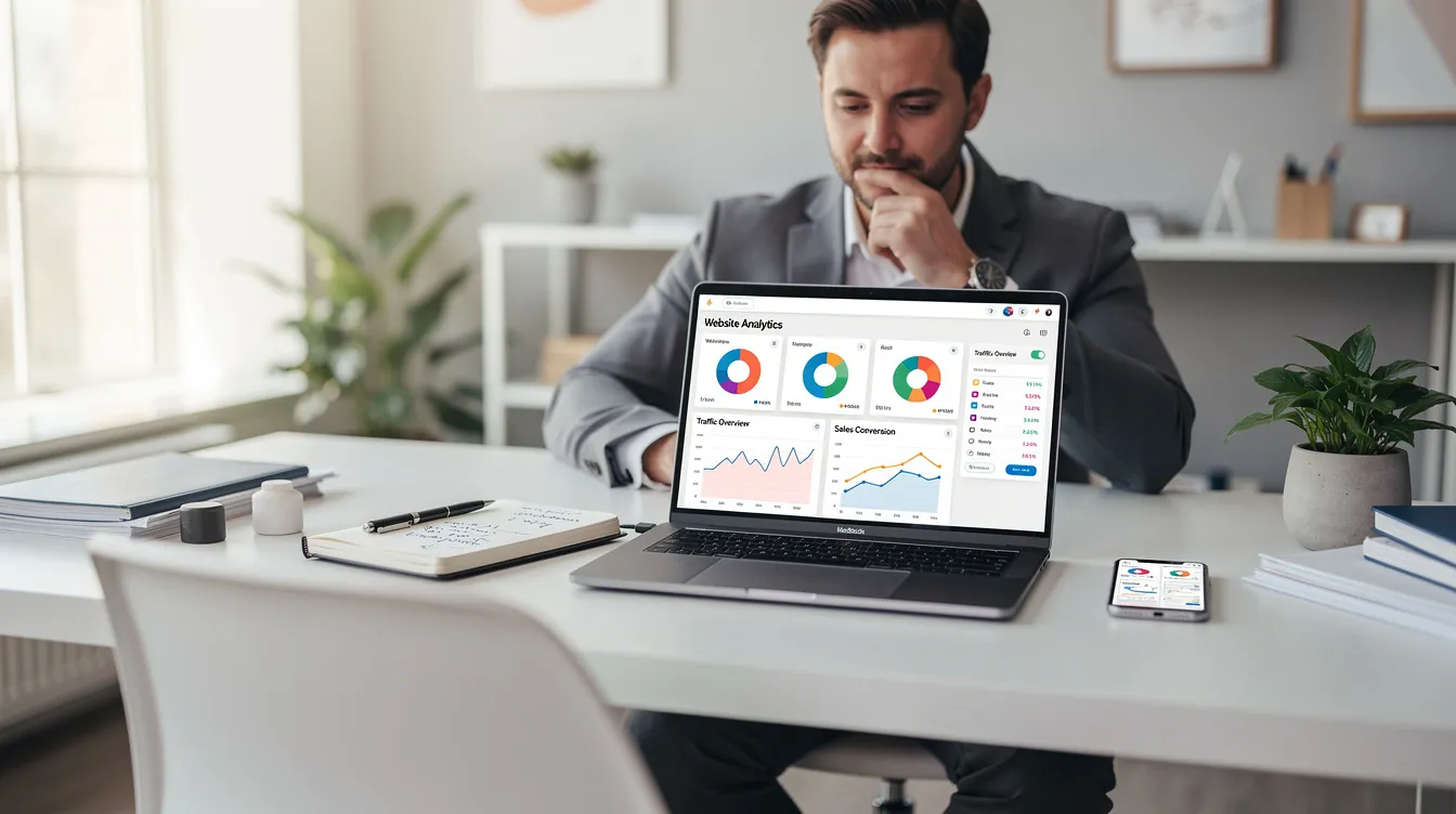 A small business owner is focused on reviewing website analytics on a laptop in a bright, modern workspace, emphasizing the importance of using built-in analytics tools for optimizing their business website. The scene reflects a professional environment conducive to managing an online presence and enhancing digital marketing strategies for their service-based business.