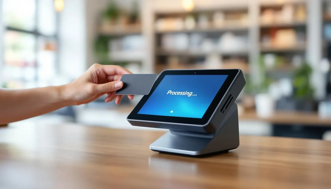 The image depicts a modern payment terminal actively processing a contactless card transaction, showcasing the ease of accepting credit card payments. It highlights the efficiency of payment processing services that enable small businesses to handle transactions seamlessly.