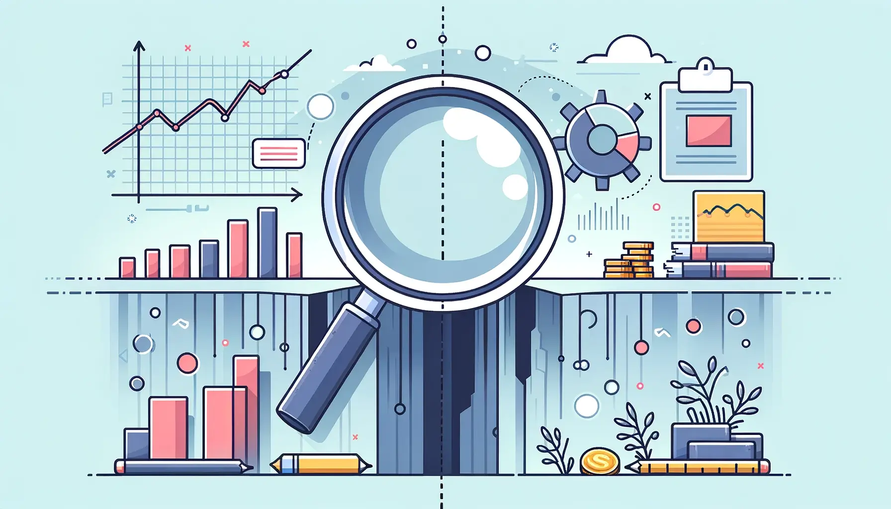 Illustration of a magnifying glass positioned between a gap against a backdrop of graphs and charts, symbolizing detailed research in business and economic development. The image represents the thorough analysis essential for entrepreneurs in real estate and other business ventures, highlighting the importance of market research and economic growth for successful entrepreneurship.