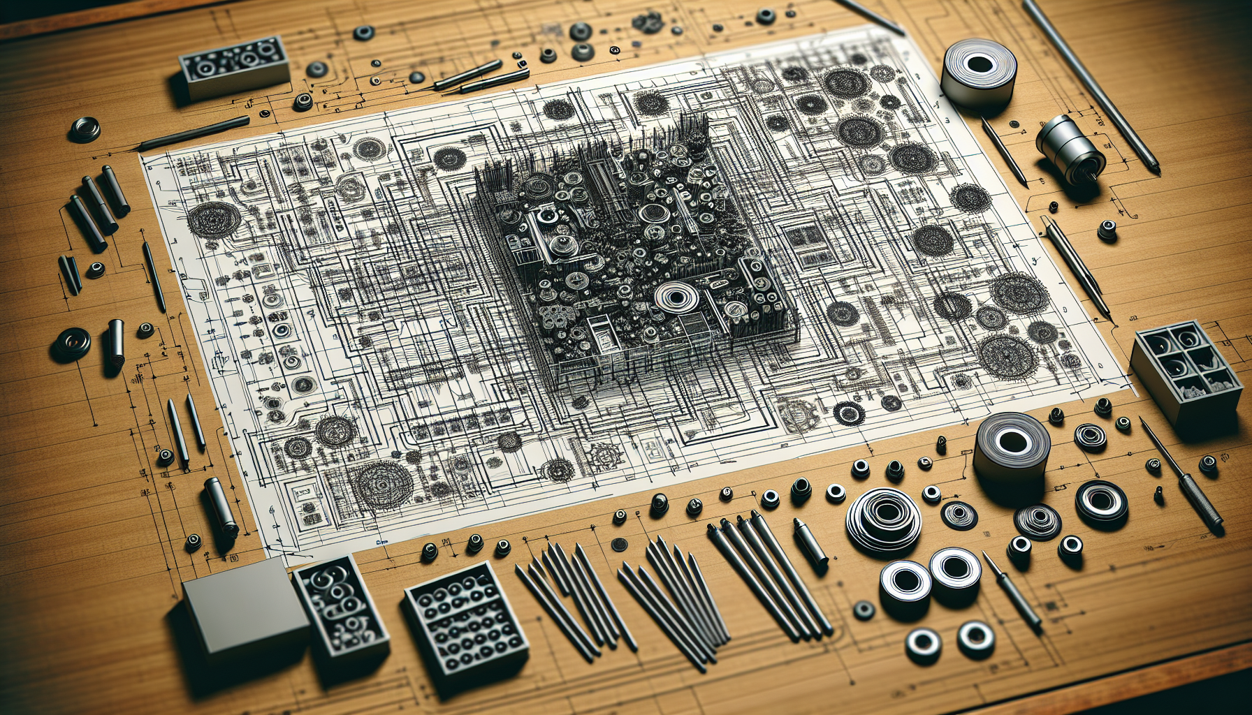 Illustration of a blueprint with various components and materials