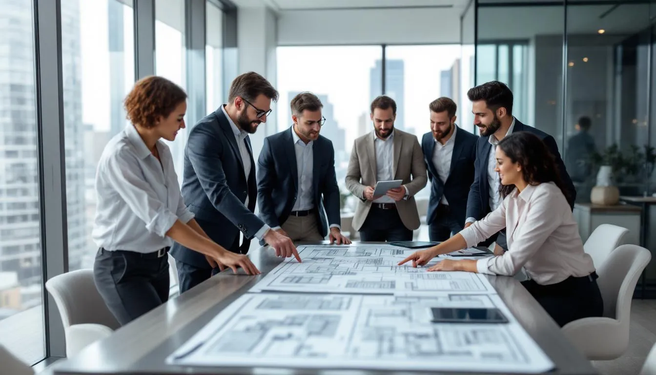 In a business meeting, architects and clients are gathered around a table, reviewing detailed building plans and discussing effective business practices to ensure the project meets regulatory requirements. The atmosphere is collaborative as they focus on creating a sustainable infrastructure that supports the well-being of the community.