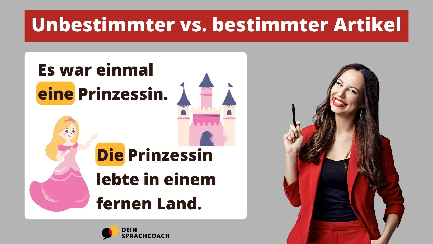 Eine lächelnde Frau in einem roten Blazer steht vor einem grauen Hintergrund. Über ihr steht in einem roten Balken der Text „Unbestimmter vs. bestimmter Artikel“. Links neben ihr befindet sich eine Illustration mit einem Satz: „Es war einmal eine Prinzessin.“ Das Wort „eine“ ist gelb hervorgehoben. Darunter steht: „Die Prinzessin lebte in einem fernen Land.“ Das Wort „Die“ ist ebenfalls gelb hervorgehoben. Neben dem zweiten Satz befindet sich eine Illustration eines Schlosses. In der rechten unteren Ecke ist das Logo „Dein Sprachcoach“ zu sehen.