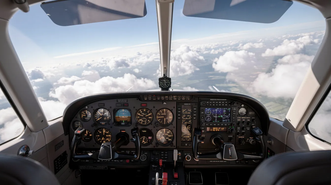 The image shows a single-engine aircraft cockpit from the pilot's seat, featuring a glowing instrument panel filled with essential flight instruments such as an airspeed indicator, altimeter, and attitude indicator, with clouds visible through the windscreen. This setup is crucial for flying under instrument flight rules (IFR) and ensures safe operations in controlled airspace.