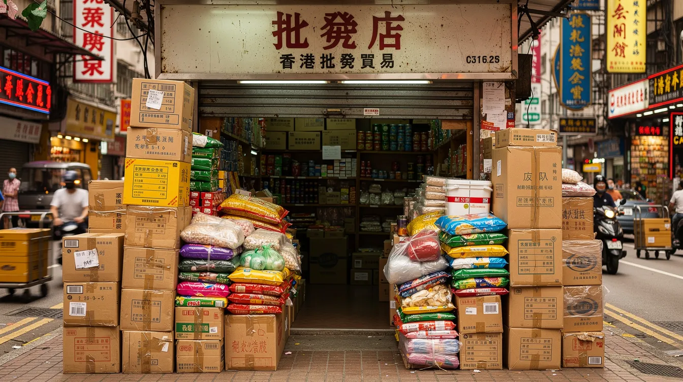 The image shows a small wholesale shop front bustling with activity on a busy Hong Kong street, featuring neatly arranged boxes and goods on display, representing the vibrant spirit of 中小企業. The scene captures the essence of local commerce and the support for 中小企業 的 growth in the community.