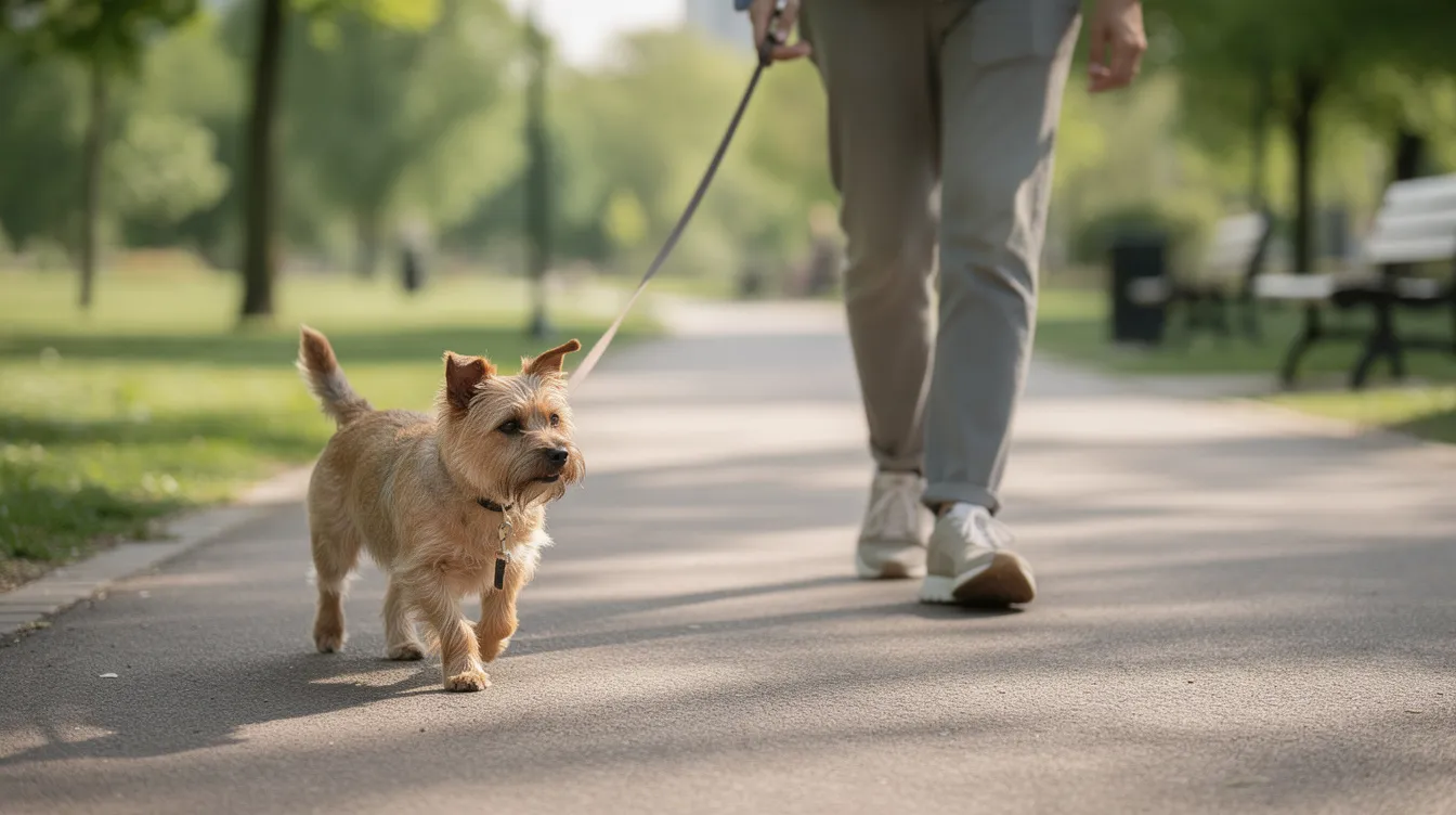 A small terrier-type dog walks calmly on a lead beside its owner along a paved path in a park, showcasing a healthy gait that indicates an intact cranial cruciate ligament. The serene setting highlights the importance of regular dog walks for maintaining joint stability and overall well-being.