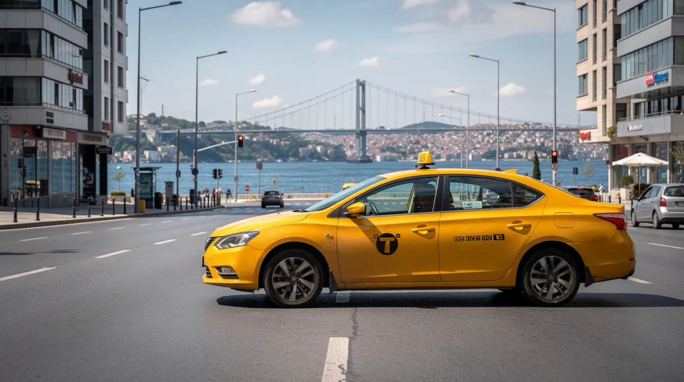 Un taxi amarillo circula por una avenida urbana en Estambul, cerca del Bósforo, mostrando la vibrante vida de la ciudad. Este transporte público es una opción popular para los viajeros que desean explorar los destinos turísticos de Turquía.