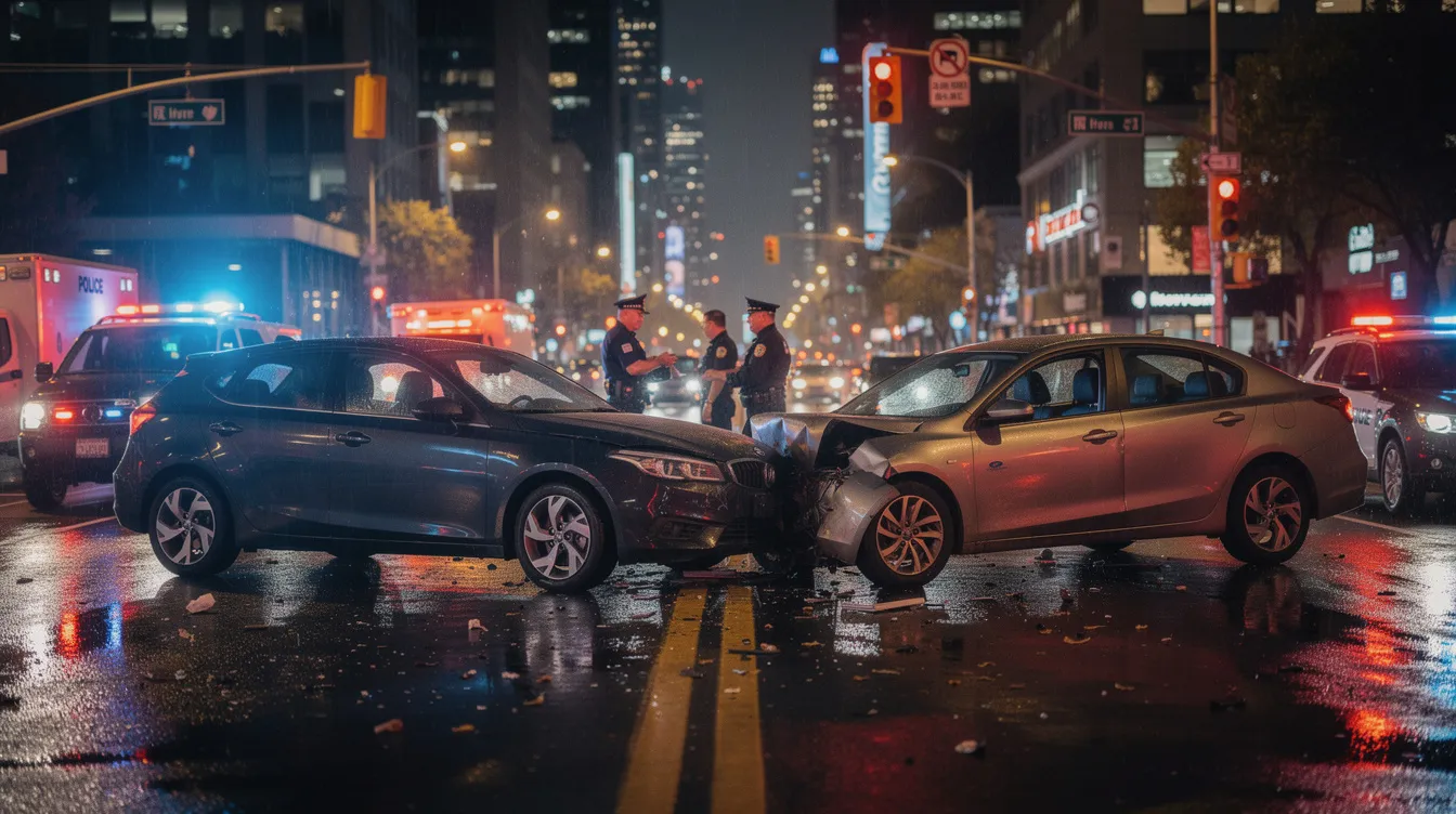 The image shows two cars that have come to a stop on a city street after a collision, with emergency lights flashing nearby, indicating the presence of police or emergency services. This scene underscores the importance of seeking legal representation from a skilled car accident lawyer to navigate the complexities of car accident claims and ensure fair compensation for any injuries or damages incurred.