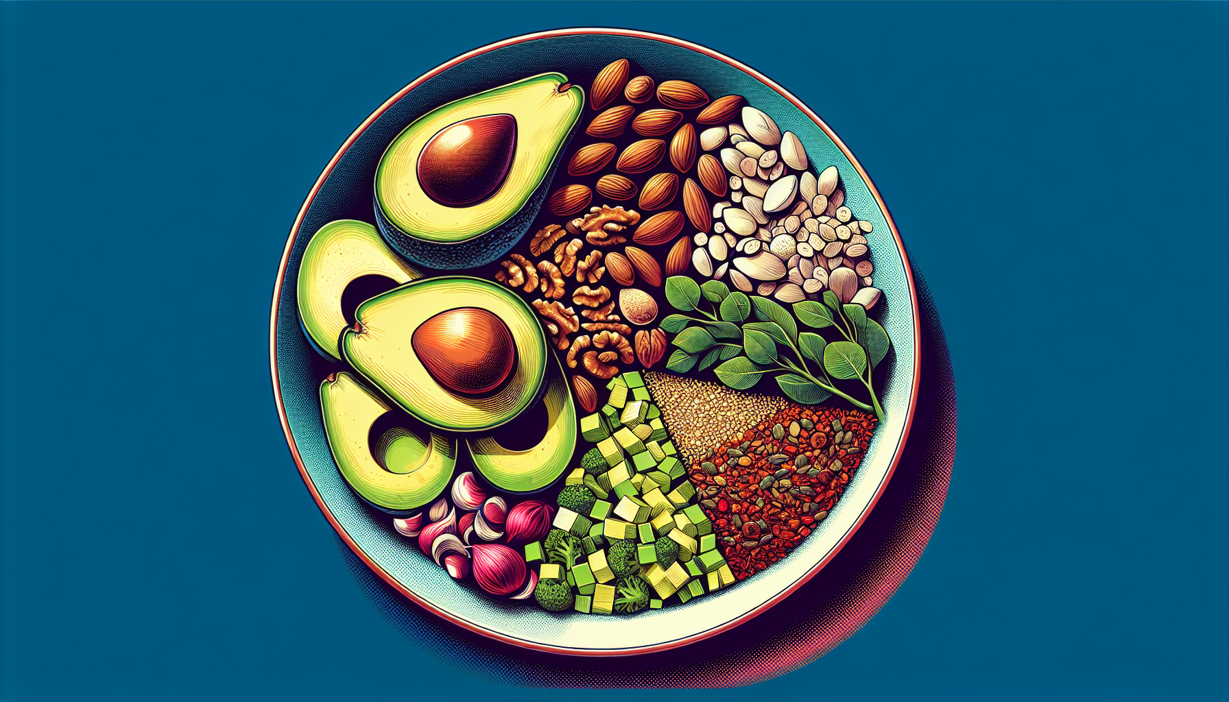 Illustration of a plate with high-fat foods and minimal carbs for ketogenic diet