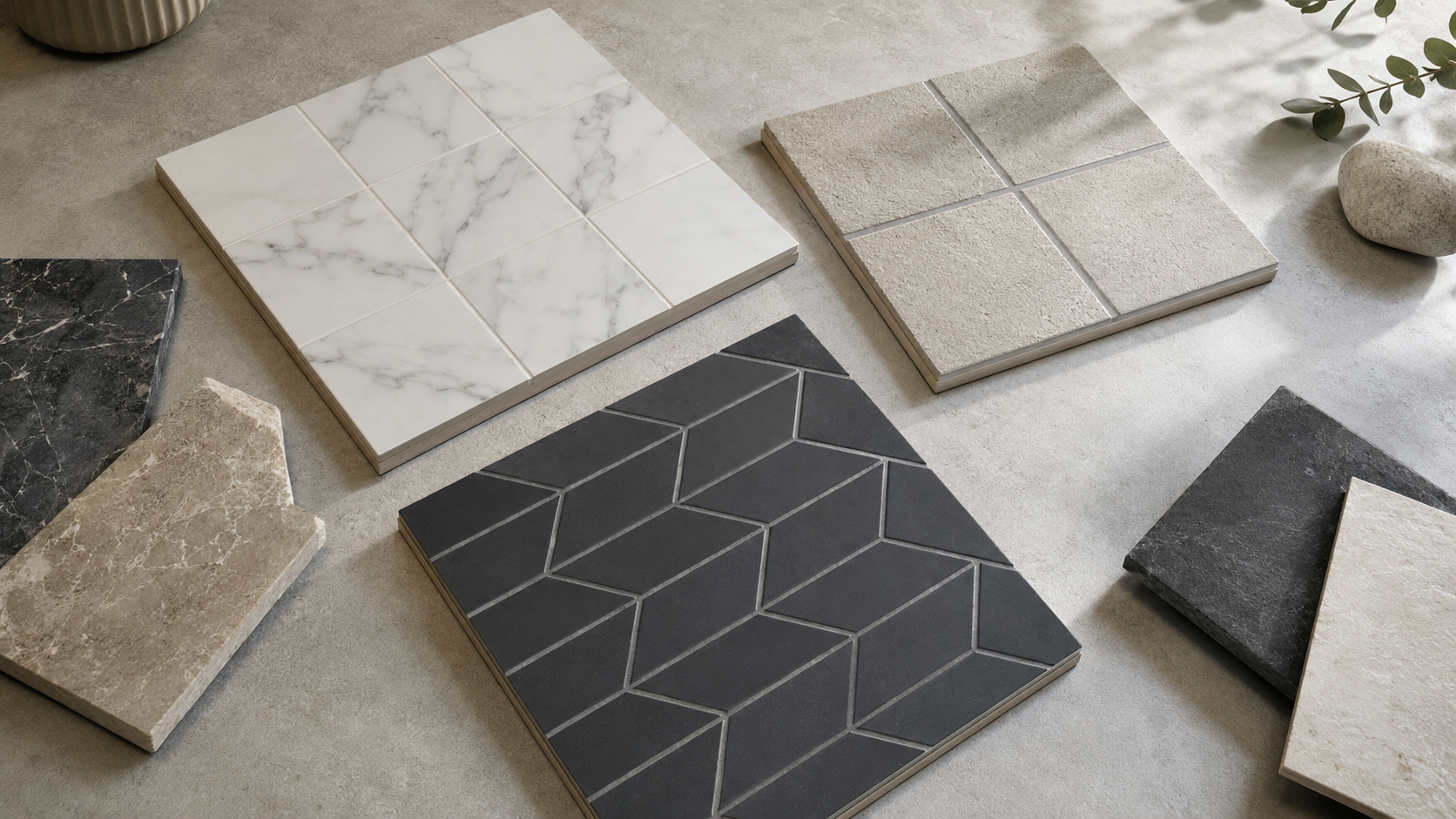 Marble, textured porcelain and dark geometric tile samples with different grout finishes.