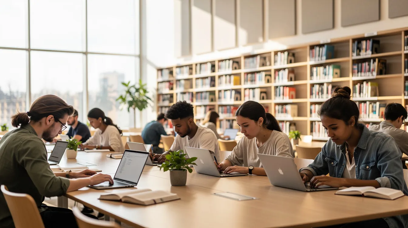 In einer modernen Bibliothek arbeiten Studierende konzentriert an ihren Laptops, um ihre Studienprojekte und Hausarbeiten zu bearbeiten. Diese Umgebung bietet eine optimale Unterstützung für das Studium an Universitäten wie der Humboldt-Universität zu Berlin und anderen Hochschulen der Hauptstadt.