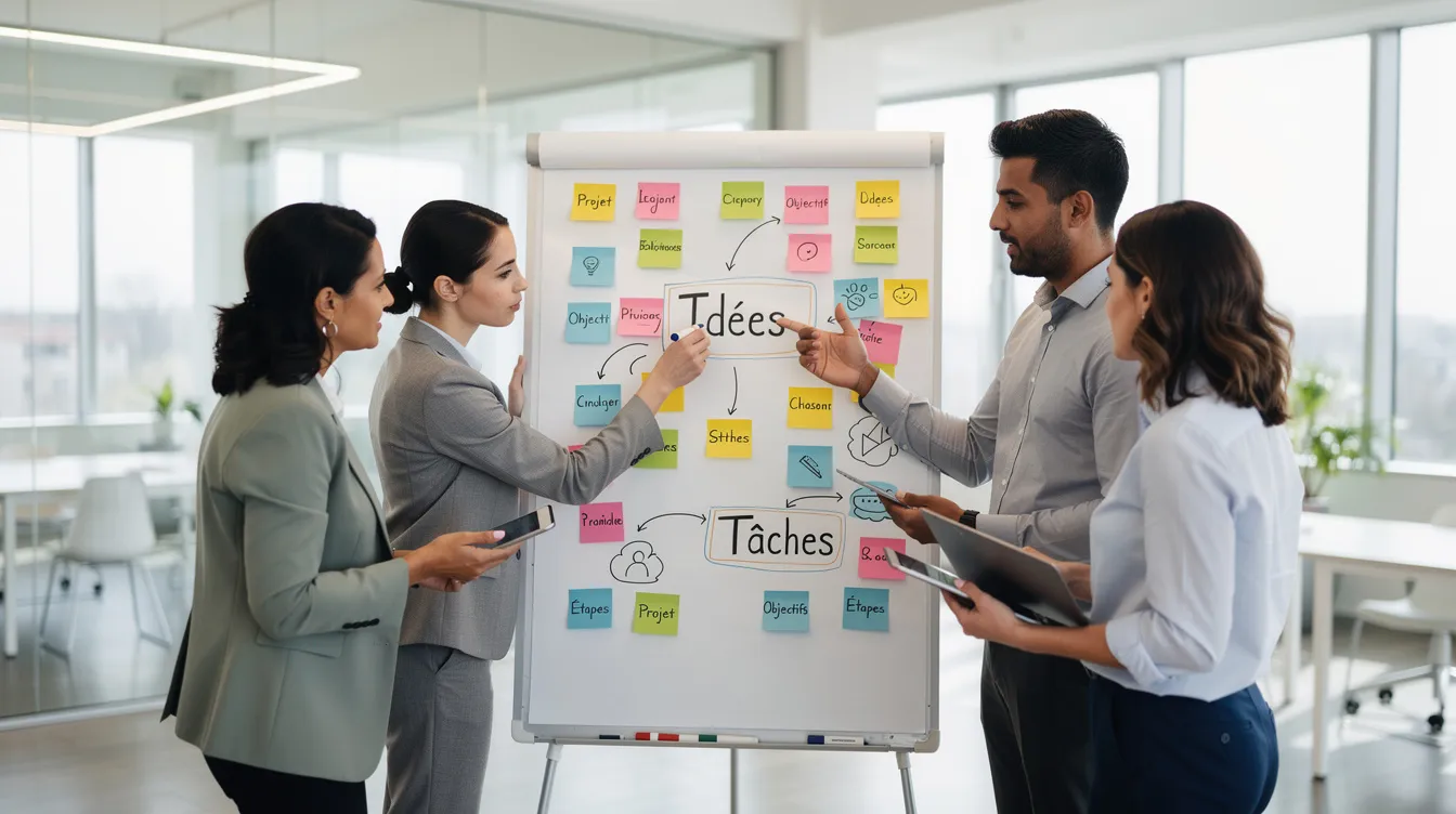 L'image montre des professionnels collaborant dans un espace de travail moderne, entourés de post-it colorés sur un tableau blanc, symbolisant le développement de projets d'entreprise. Cette scène reflète une dynamique d'équipe axée sur la créativité et la stratégie commerciale.