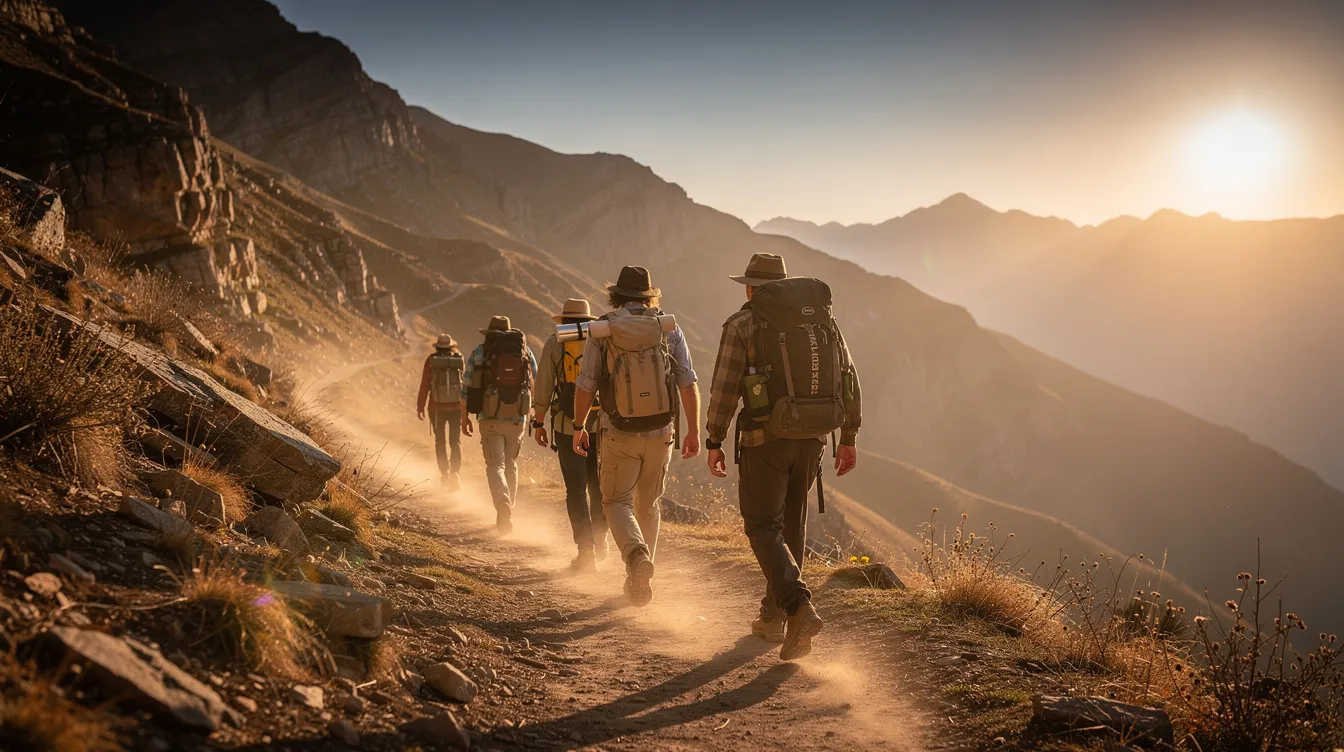 A group of fellow travelers walks together along a dusty mountain path during the golden hour, surrounded by the stunning beauty of South America. Their shared journey reflects a sense of adventure and connection, as they explore the landscape and create meaningful stories together.
