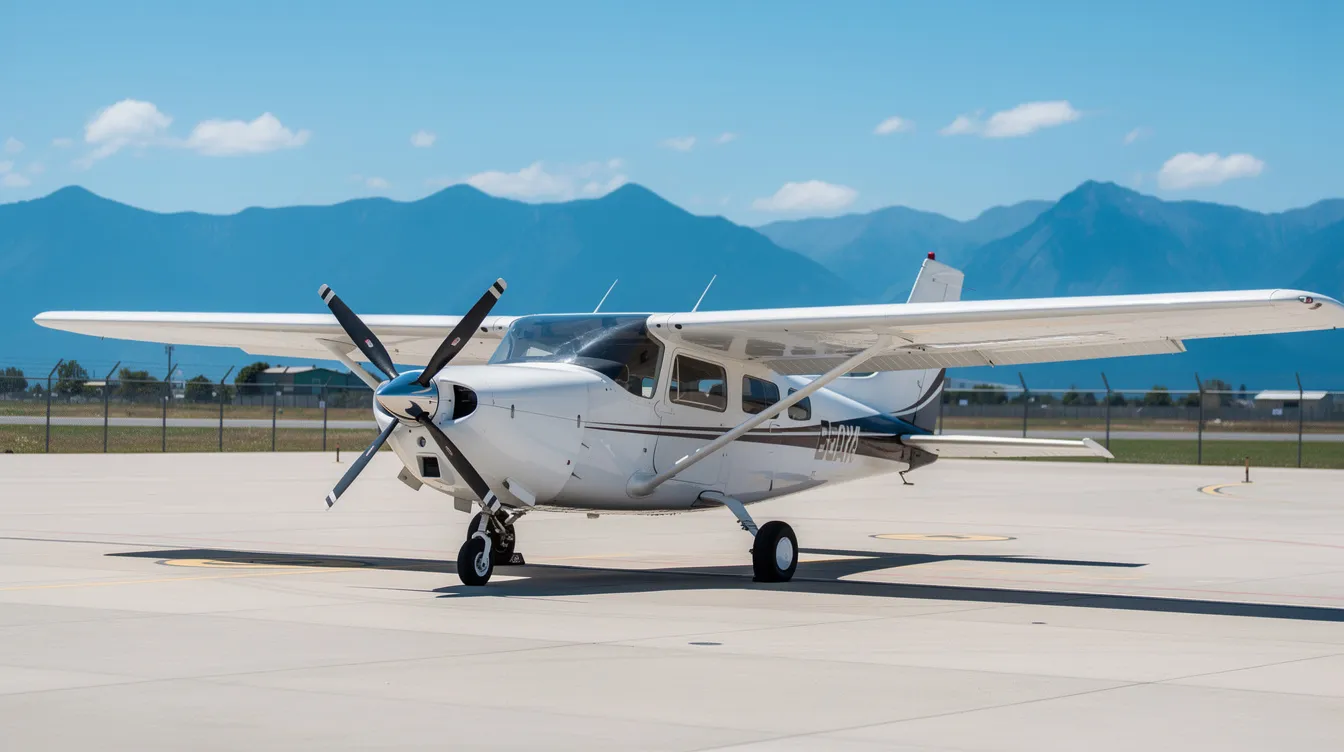 A small single-engine aircraft is parked on a sunny airport tarmac, with majestic mountains visible in the background, showcasing a serene aviation scene ideal for aspiring pilots pursuing their private pilot license (PPL) or commercial pilot license (CPL). The clear skies and vibrant surroundings highlight the beauty of flight training and the aviation journey.