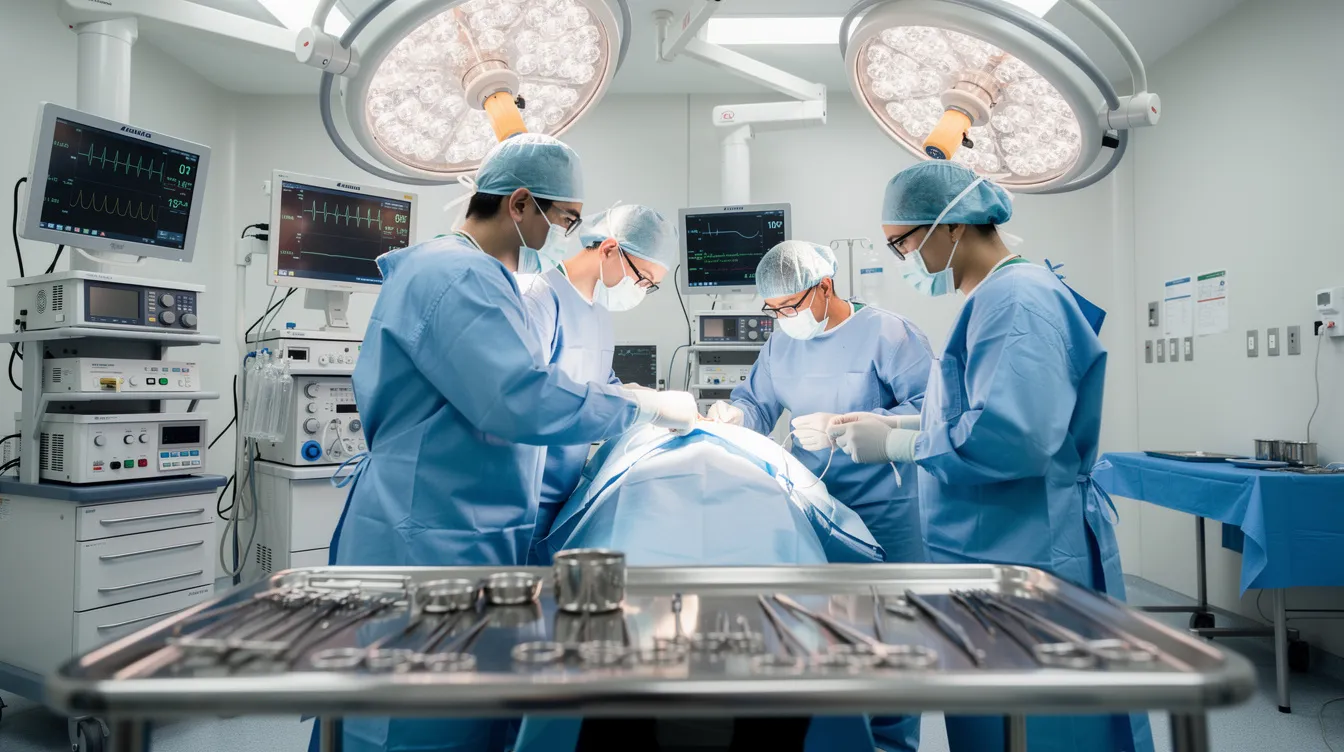 A surgical team, consisting of surgeons and nurses, is actively performing an operation in a well-equipped modern operating room, highlighting the critical nature of patient care and the importance of preventing medical errors to ensure patient safety. The scene emphasizes the high-stakes environment of medical practice, where negligence can lead to serious consequences, including medical malpractice claims.