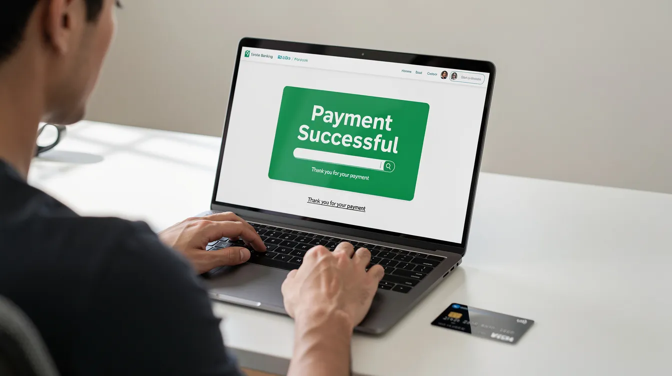 A person is seated at a desk, focused on their laptop while making an online payment, with a confirmation screen displaying details of the transaction for an international money transfer. The scene highlights the ease of sending money through financial institutions like Sindh Bank, ensuring secure and efficient international payments.