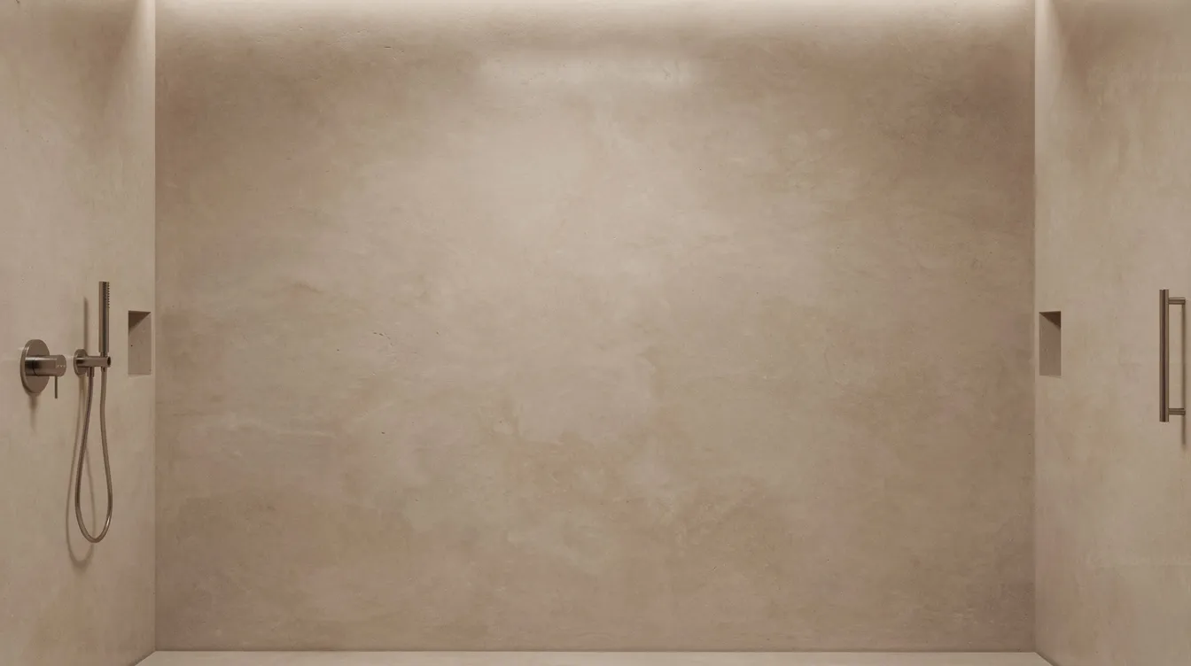 The image features a seamless polished lime plaster shower wall in a warm stone color, showcasing a smooth and shiny surface with no visible grout lines. This waterproof plaster, suitable for wet areas, offers a luxurious feel and aesthetic appeal, highlighting the beauty of natural materials.