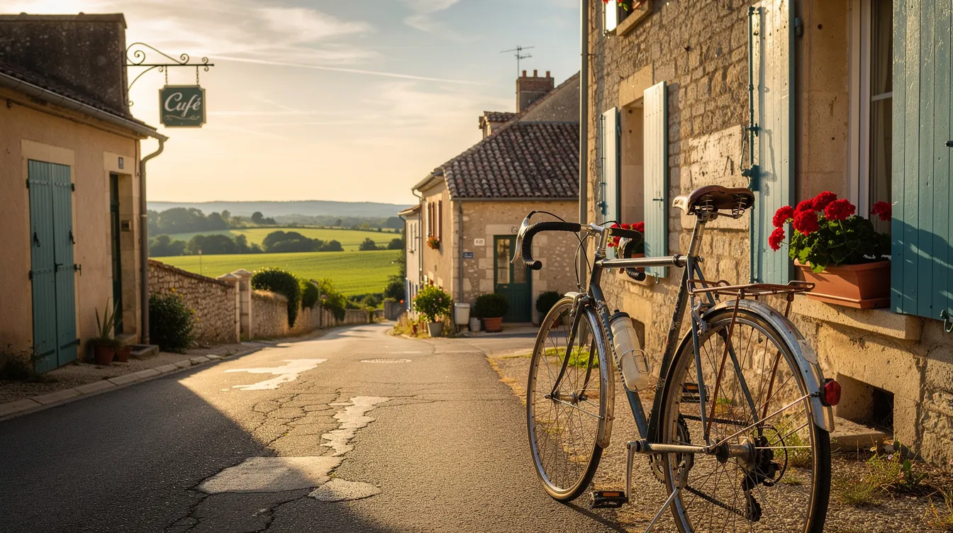 Een vintage racefiets staat op een pittoreske Franse dorpsweg, omringd door groene velden en charmante huizen. Deze fiets roept herinneringen op aan de indrukwekkende carrière van de Nederlandse wielrenner Joop Zoetemelk, die bekend staat als de tweede Nederlandse tourwinnaar.