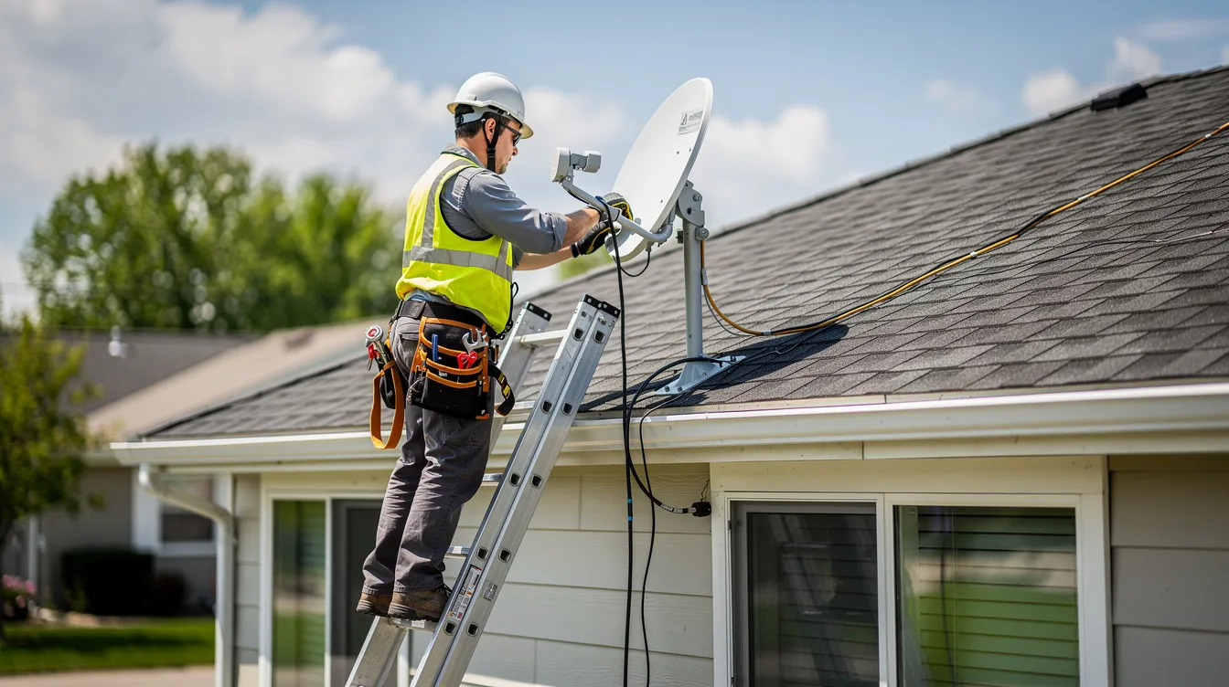 A technician is seen on a ladder, carefully adjusting a satellite dish on the roof of a residential home to ensure optimal signal reception. This professional DSTV installation service is essential for correcting faulty signals and providing reliable television access in Klein Brak River.