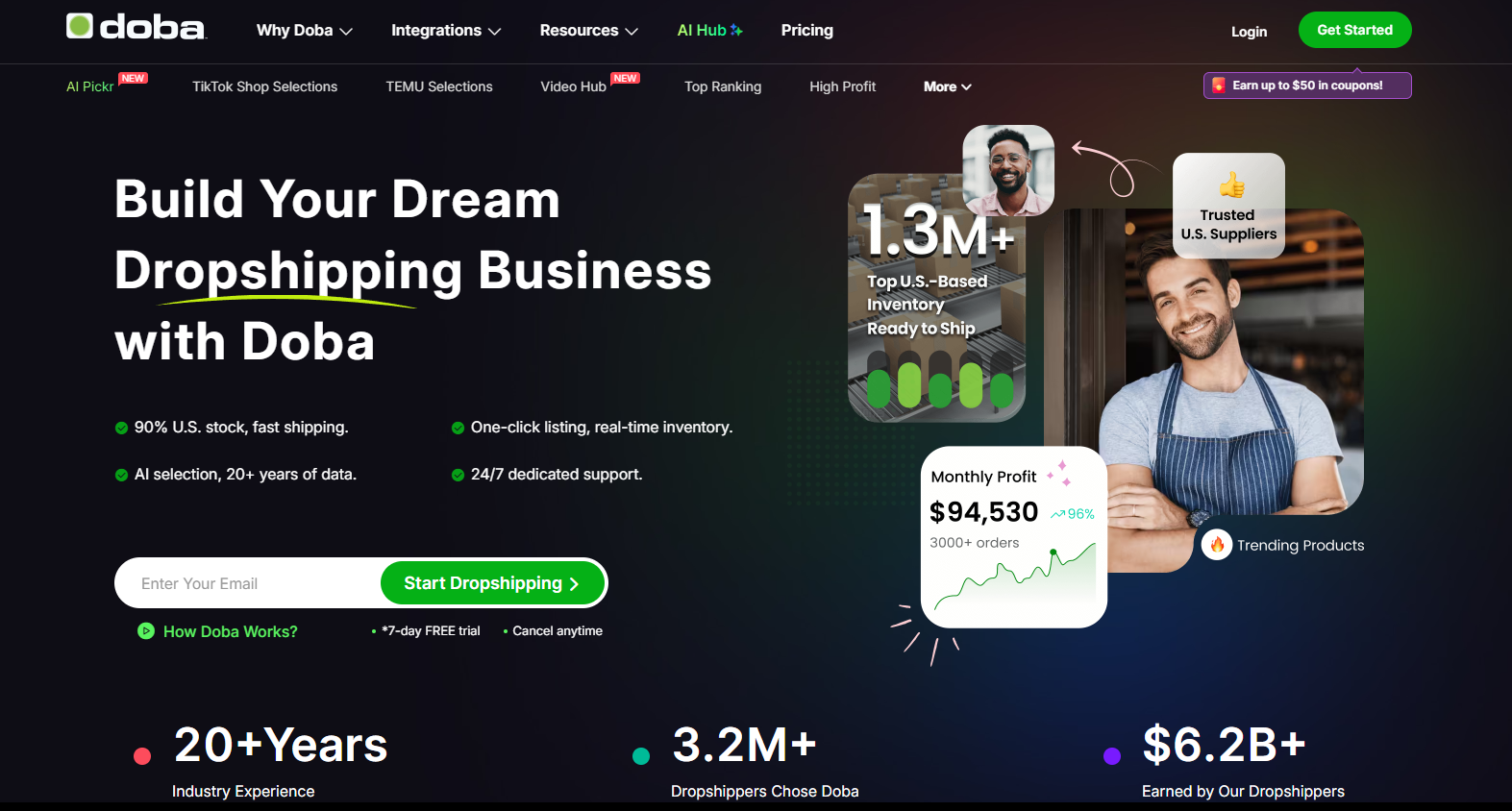 doba homepage screenshot showing target audience metrics