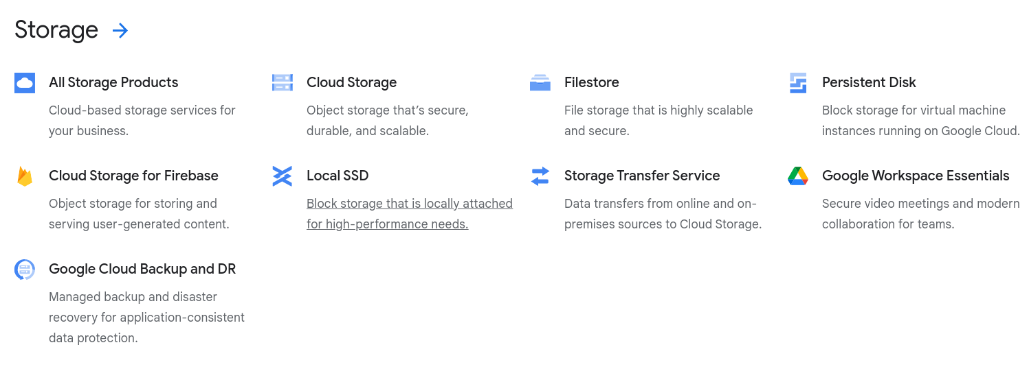 Google cloud storage opttions