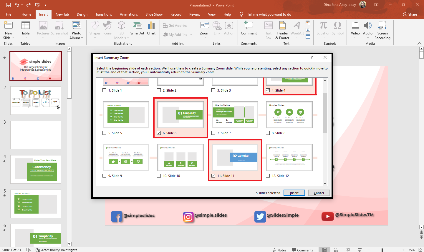 In the dialog box, choose the selected slides you want to add in your summary zoom slides.