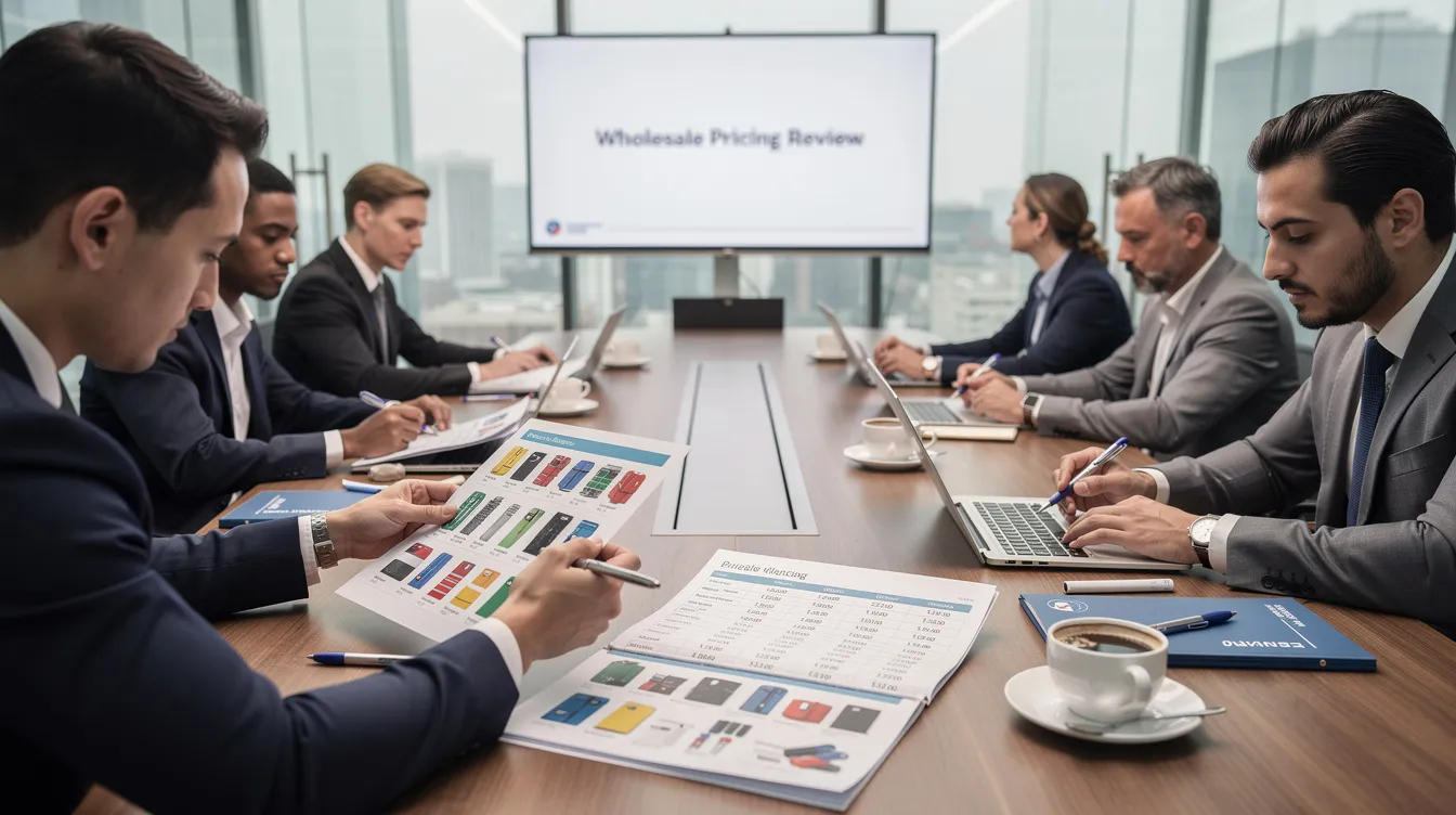 A group of business professionals is gathered around a table, intensely reviewing product catalogs and discussing pricing strategies during a wholesale meeting. They are focused on optimizing their business model and exploring options available through the Shopify app store to enhance their ecommerce platform.