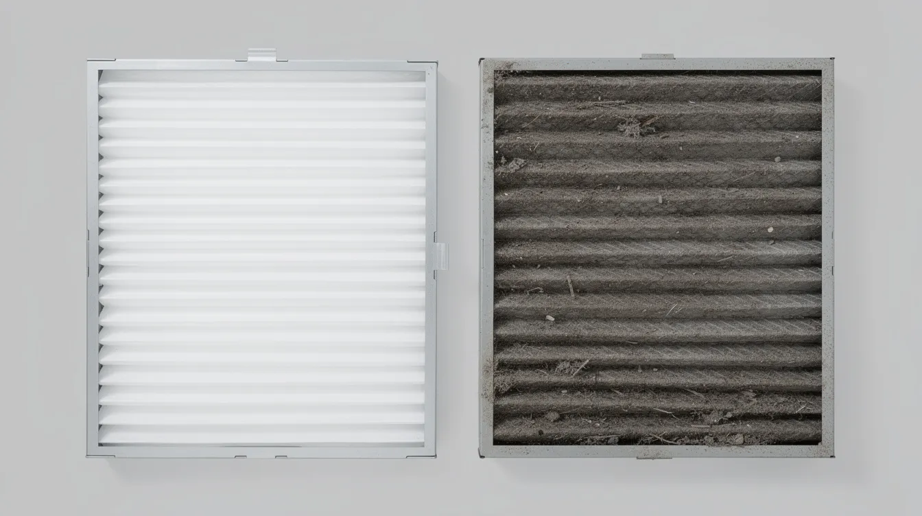 The image shows a comparison between a clean white HVAC air filter and a heavily clogged gray filter, which is covered in dust and debris. The dirty air filter, if used, could restrict airflow and affect the efficiency of the air conditioning system, potentially leading to issues like reduced airflow and a frozen evaporator coil.