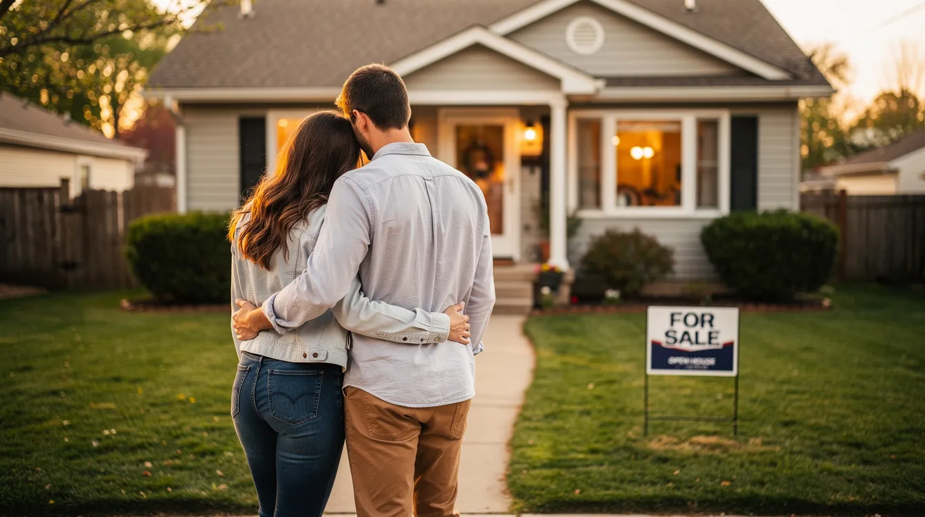 A couple is standing together, viewed from behind, as they look at a house, symbolizing their journey as first-time buyers in the real estate world. This scene captures the essence of nurturing leads and building relationships, essential for real estate agents to stay top of mind with clients.