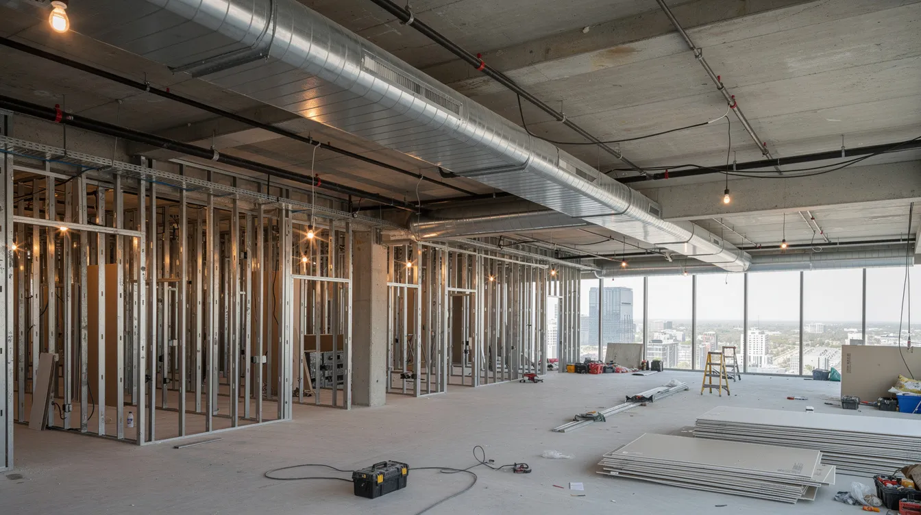 The image depicts an interior of a commercial office space under construction, showcasing exposed ceilings, framing structures, and visible ductwork, highlighting the ongoing tenant improvements. This setting is crucial for commercial tenants negotiating lease terms that align with their business needs and space requirements.