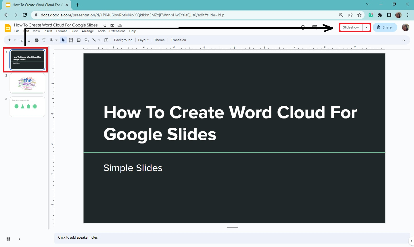 At the upper-right corner of your Google Slides presentation, click the "Slideshow" button.