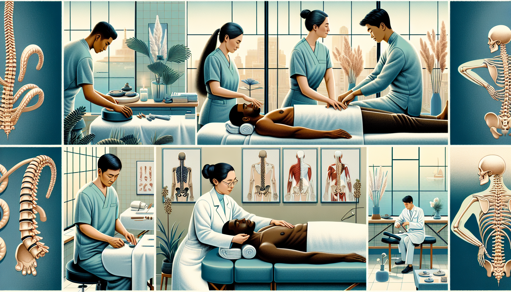 An artistic depiction of different techniques used in combined massage and chiropractic treatments.