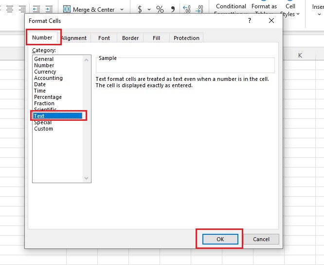 Go to the Number format tab in the Format Cells dialog box, choose Text, and click the OK button. 