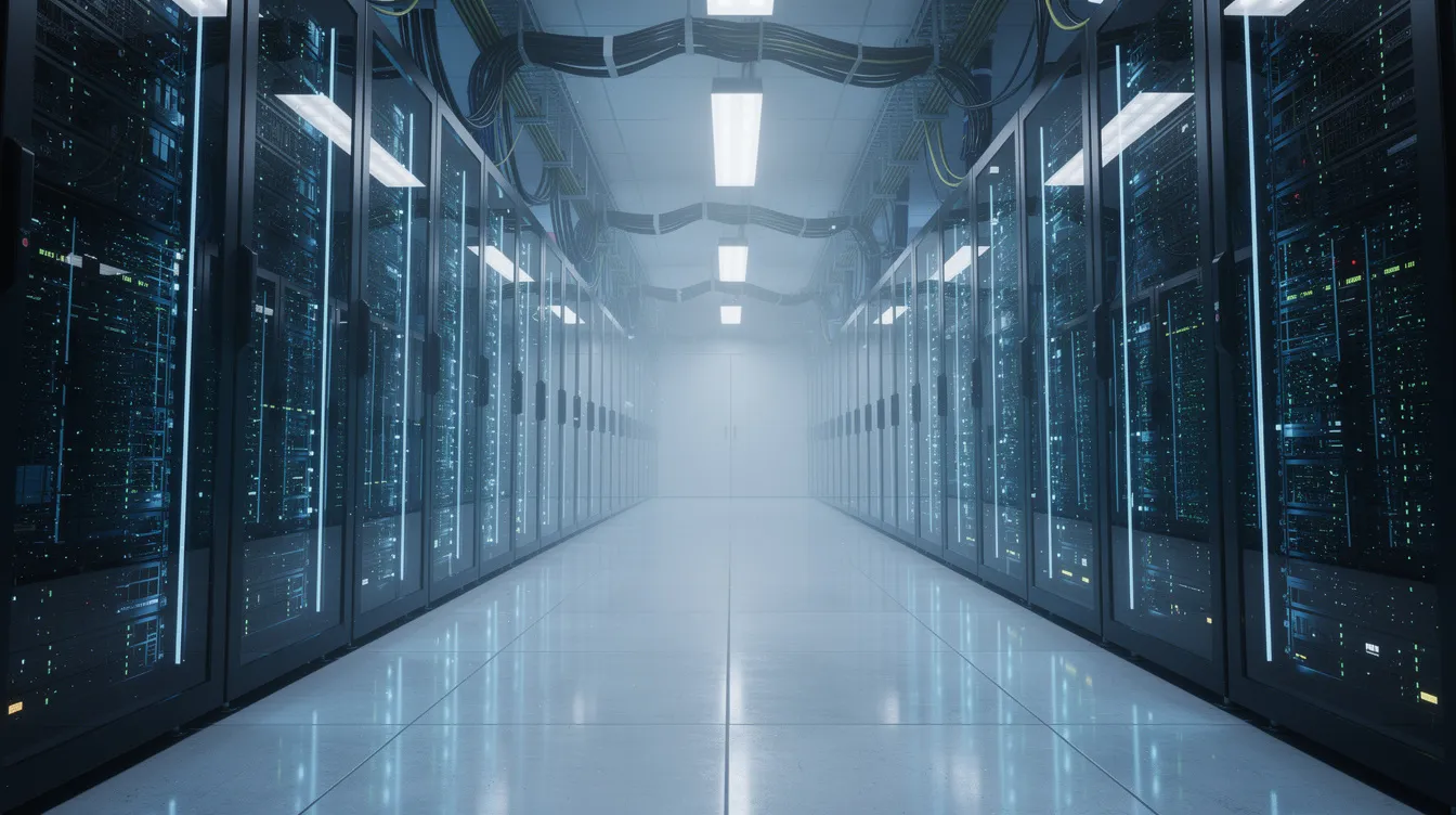 The image depicts a modern data center filled with rows of illuminated server racks, showcasing advanced technology. The blue LED lighting enhances the high-tech atmosphere, essential for supporting streaming services and internet protocol television (IPTV) for optimal user experience.