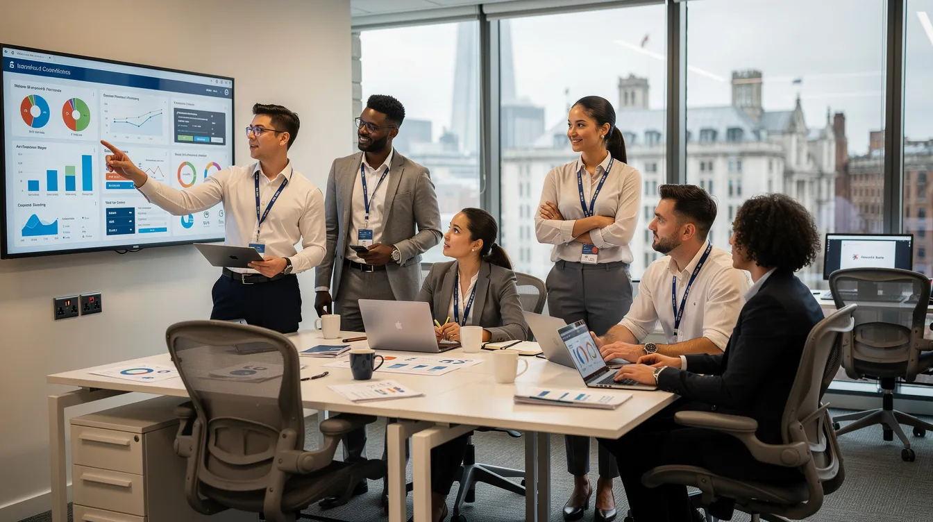 A diverse group of professionals collaborates in a modern UK office, discussing various aspects of immigration status and UK visas, while utilizing both physical documents and digital versions for their work. The environment is vibrant and accessible, reflecting a commitment to inclusivity and teamwork.