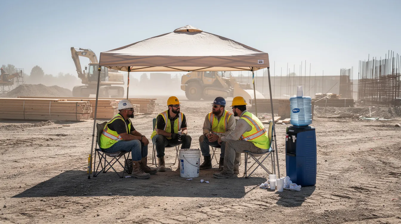A group of construction workers is taking a break under a portable shade canopy, resting next to a water cooler on a dusty construction site. This scene highlights the importance of heat illness prevention, as they seek relief from the extreme heat and reduce heat exposure during their workday.