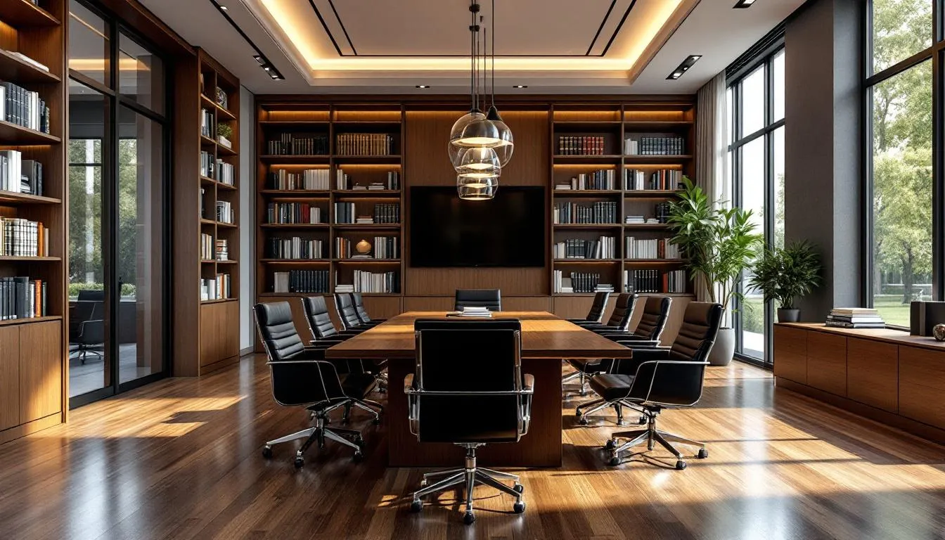 The image depicts a modern law firm office with sleek furniture and a spacious layout, where legal professionals discuss strategies related to self rental income and tax planning for small business owners. The environment suggests a focus on navigating self rental rules and optimizing rental activities for maximum tax savings.