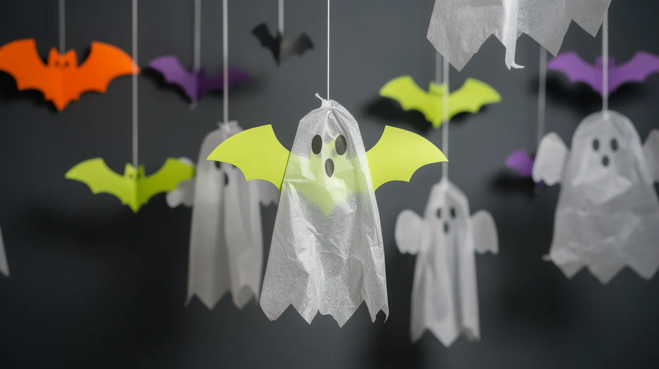 The image features colorful paper bat cutouts and tissue-paper ghosts suspended from strings, creating a festive atmosphere against a dark wall, perfect for a Halloween countdown party. This vibrant decoration adds excitement as the big night approaches, enhancing the anticipation for costumes and celebrations in October.
