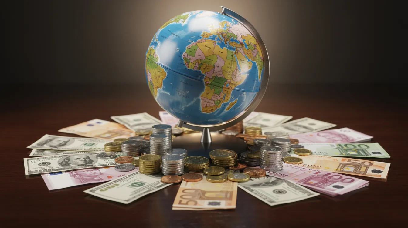 A globe sits at the center of various currency coins and notes, symbolizing international payment methods and the global nature of digital transactions. This image represents the diverse landscape of payment processing and the importance of secure payment gateways in facilitating online payments.