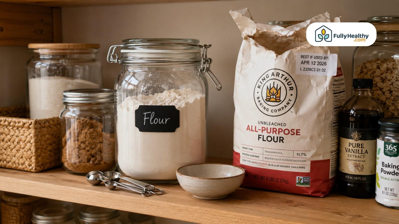 All-purpose flour stored beside labeled jar, vanilla extract, and baking powder