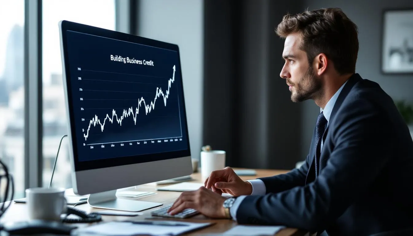 An investor is seated at a desk, intently observing a computer screen displaying a rising line graph titled "Building Business Credit," which symbolizes the importance of establishing strong business credit for securing commercial real estate loans and financing investment properties. The scene highlights the intersection of business financing and real estate investments, emphasizing financial stability and growth.