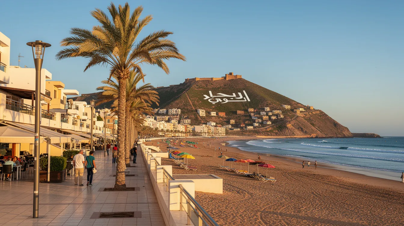 A imagem mostra a cidade de Agadir, em Marrocos, com suas construções em tons de vermelho e o Oceano Atlântico ao fundo, refletindo a beleza da costa. As montanhas ao redor complementam a paisagem, destacando a rica herança cultural e a história da região.