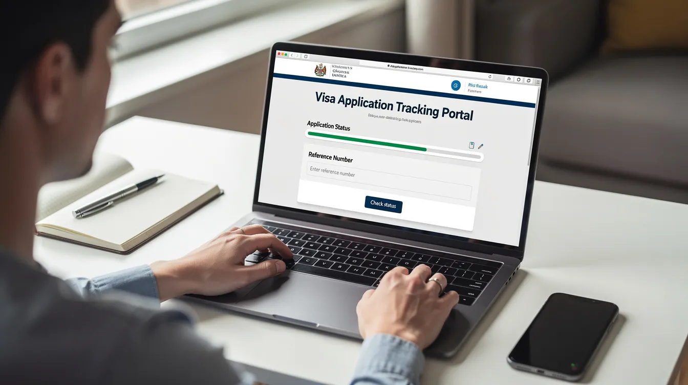 An individual is seated at a desk, focused on a laptop screen as they check the status of their visa application on a tracking website. The display likely includes important details such as the application reference number and updates on the visa decision process for their Ireland visa application.