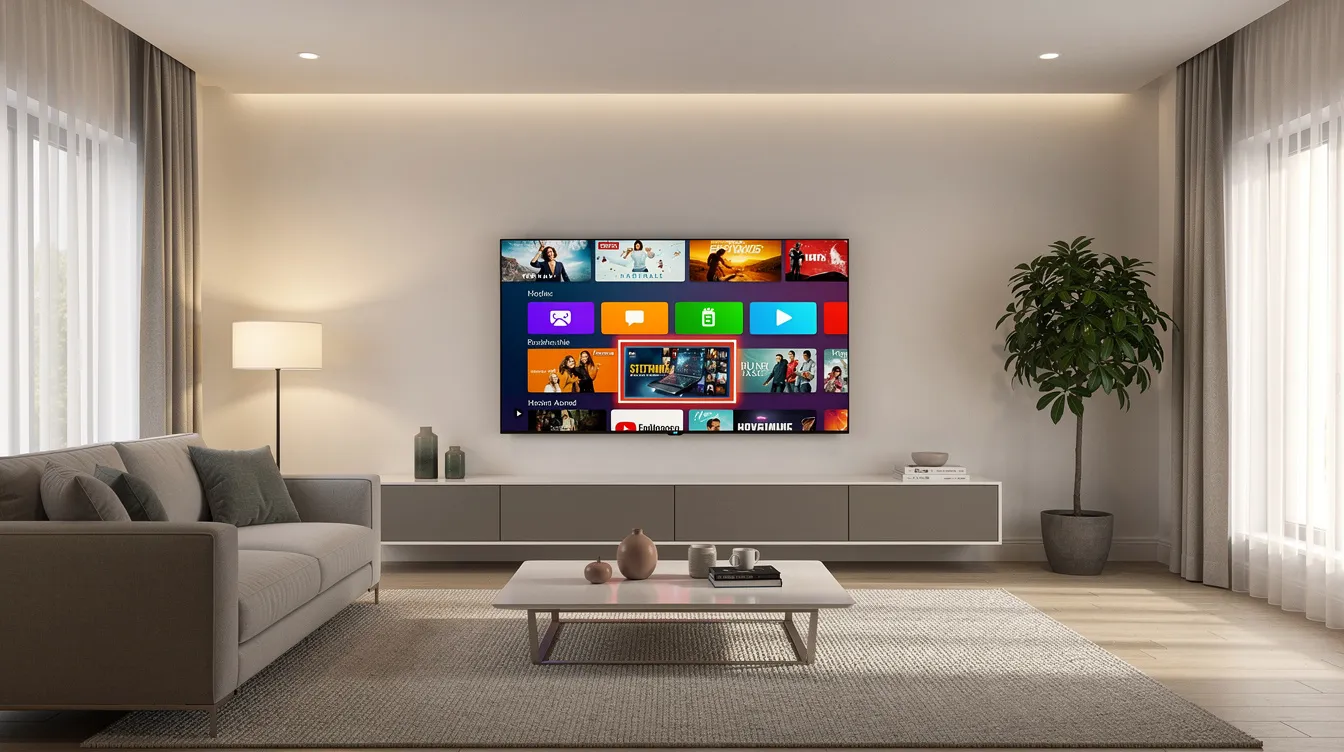 The image features a contemporary living room with a spacious smart TV prominently displaying a vibrant streaming content menu, showcasing various channels and options for viewers. This setup is ideal for enjoying IPTV services, providing instant access to movies, sports channels, and more for British viewers.
