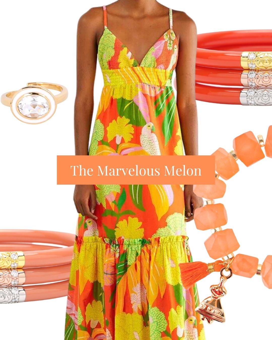 The Marvelous Melon | Orange summer fashion trends | Farm Rio summer dress| BuDhaGirl Summer jewelry|summer 2023 fashion trends