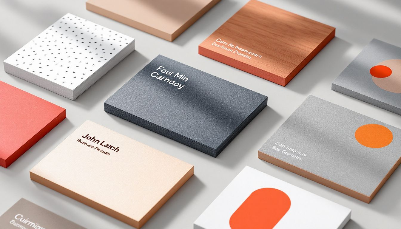 A collection of various business cards showcasing different designs and finishes.