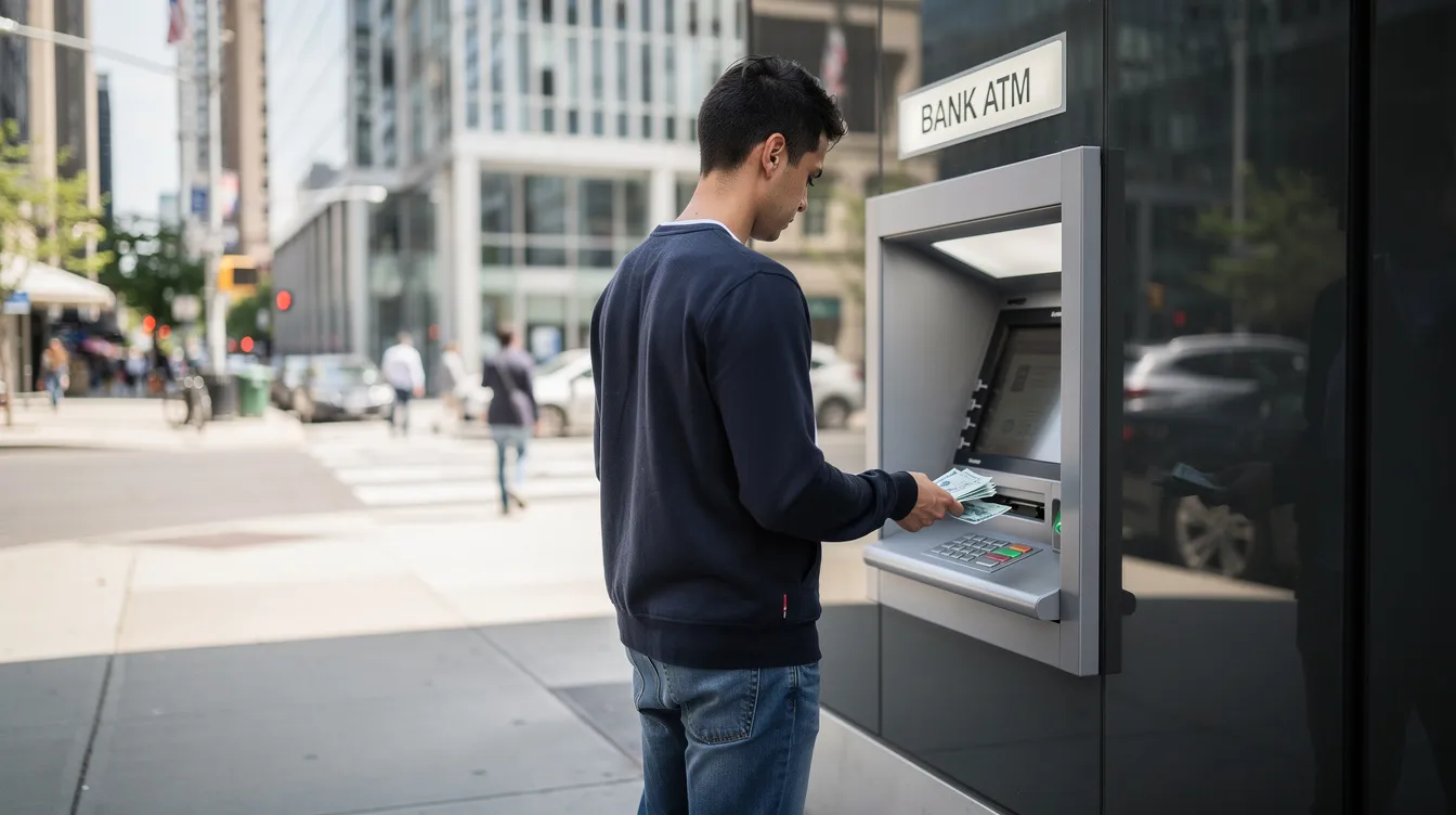A person is using an ATM machine in an urban setting to withdraw cash from their bank account, demonstrating a common transaction method for customers accessing funds. The scene reflects the ease of banking services, such as inter bank funds transfer and receiving remittances, available through institutions like Habib Metropolitan Bank.