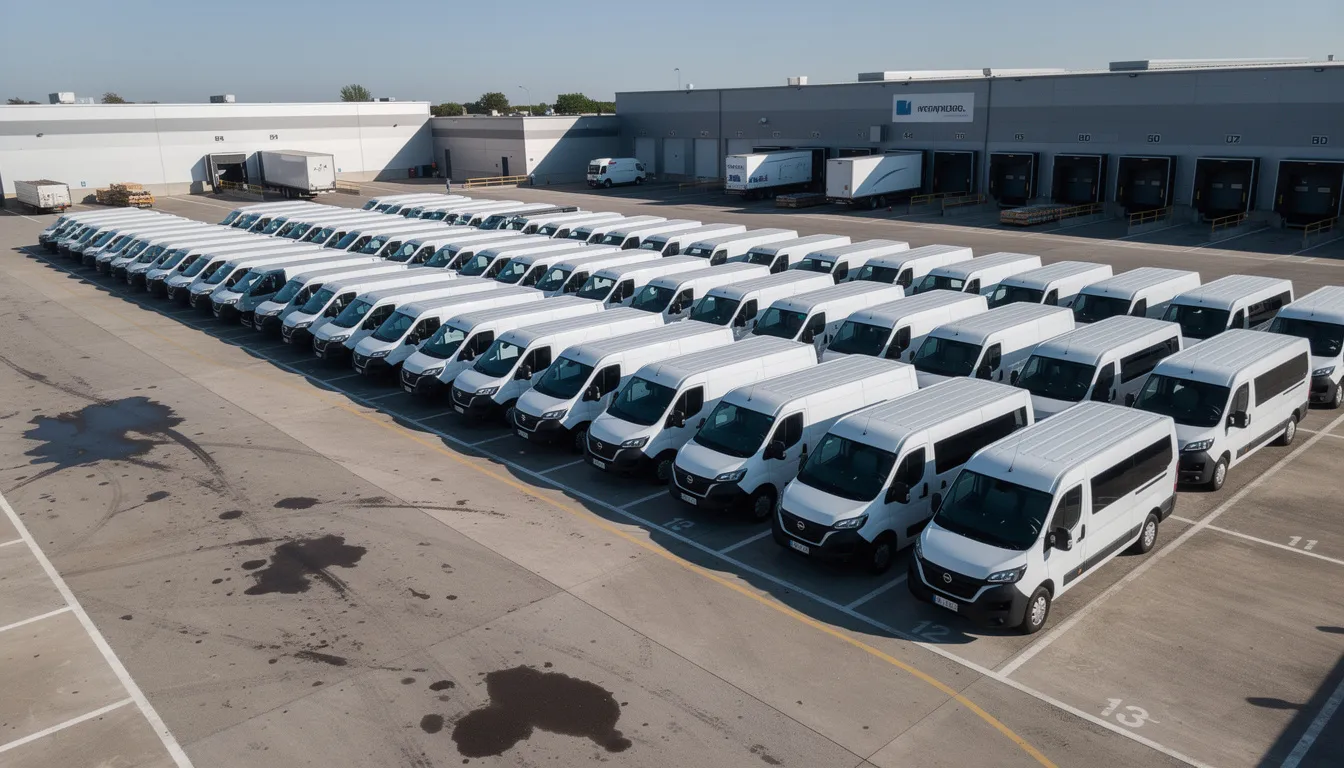 A fleet of white delivery vans is neatly parked in rows at a commercial yard, showcasing a well-organized fleet management system. These vehicles are likely equipped with GPS tracking devices for reliable tracking and real-time location updates.