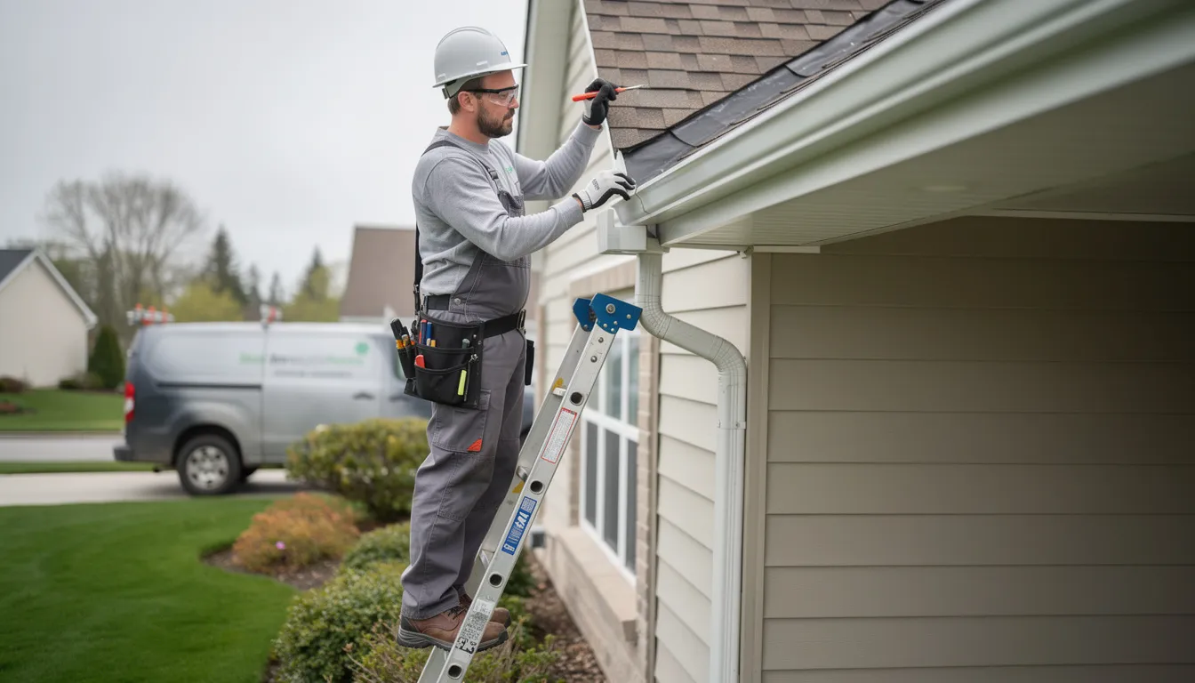 A professional gutter technician is inspecting aluminum gutters on a residential home using a ladder, ensuring the gutter system is functioning properly to prevent water damage. This expert service includes checking for sagging gutters and potential storm damage, highlighting the importance of quality maintenance and repair in southern Colorado homes.