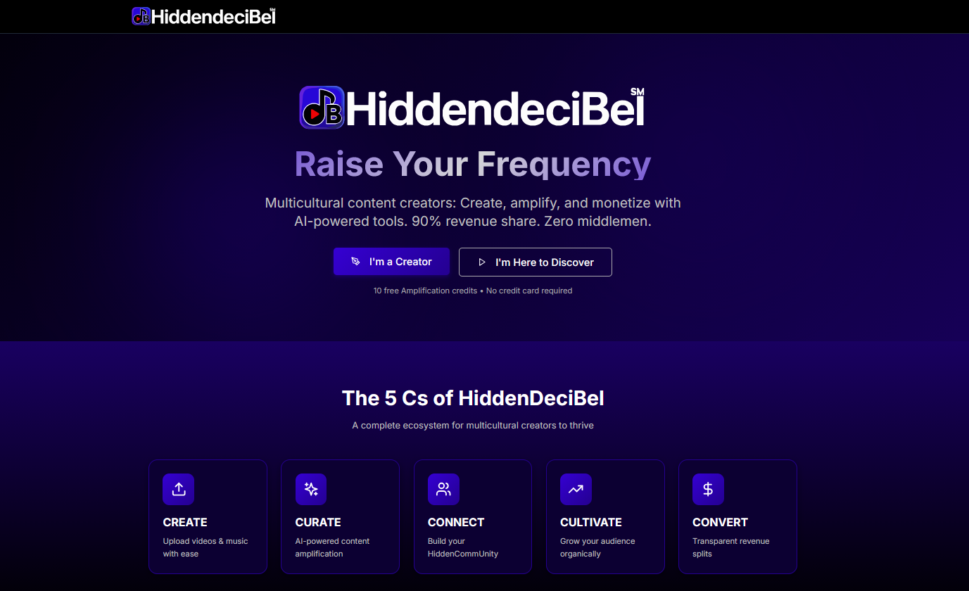 Image of HiddenDeciBel homepage - an AI tool for content creation